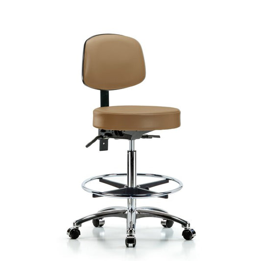 Blue Ridge Ergonomics VHBST-CR-T1-CF-CC-8584 Rutledge Vinyl Stool with Back Chrome - High Bench Height with Seat Tilt, Chrome Foot Ring, & Casters in Taupe Trailblazer™ Vinyl
