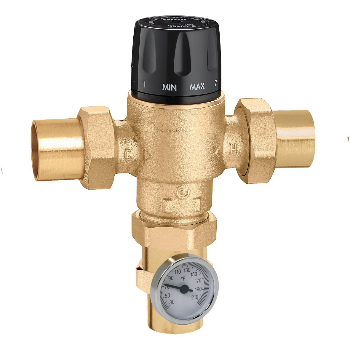 Caleffi 523177A MixCal+™ High Flow 3-Way Mixing Valve 1 1/4" Sweat w/ Temp Gauge-ASSE 1017