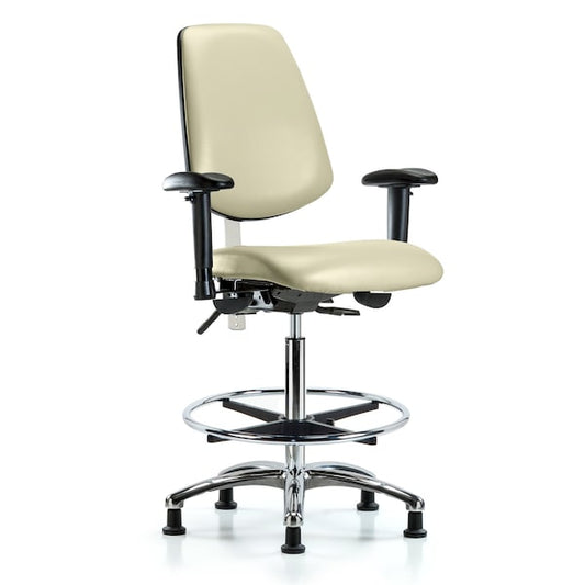 Blue Ridge Ergonomics NCR-VHBCH-MB-CR-T0-A1-CF-RG-8501 Class 100 Vinyl Clean Room Chair - High Bench Height with Medium Back, Adjustable Arms, Chrome Foot Ring, & Stationary Glides in Adobe White Trailblazer™ Vinyl