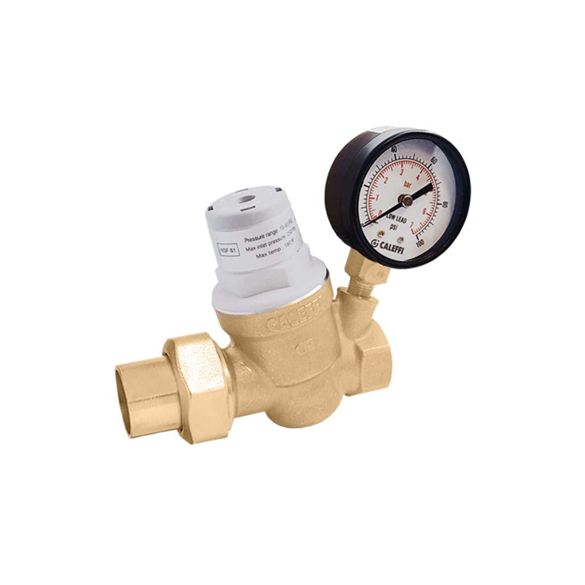 Caleffi 533951HA PressCal™ Compact PRV ASSE 1003, Single Union 3/4" sweat union in, FNPT out, gauge