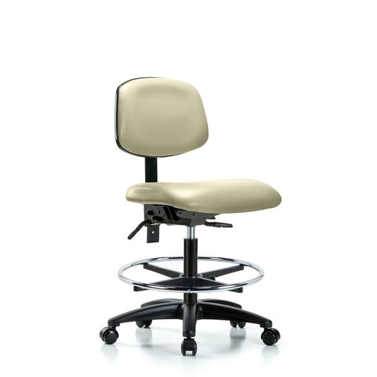 Blue Ridge Ergonomics VHBCH-MB-CR-T1-A0-CF-CC-8584 Rutledge Vinyl Chair Chrome - High Bench Height with Medium Back, Seat Tilt, Chrome Foot Ring, & Casters in Taupe Trailblazer™ Vinyl