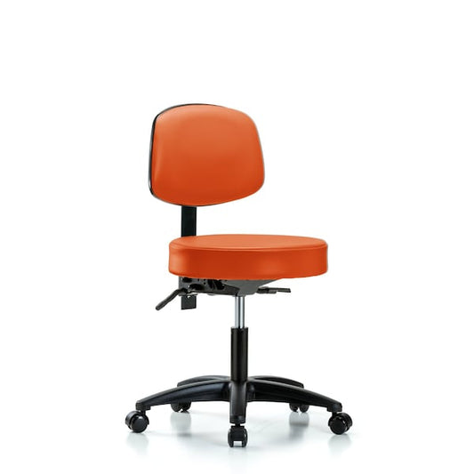 Blue Ridge Ergonomics VDHST-RG-T0-RC-8613 Rutledge Vinyl Stool with Back - Desk Height with Casters in Orange Kist Trailblazer™ Vinyl