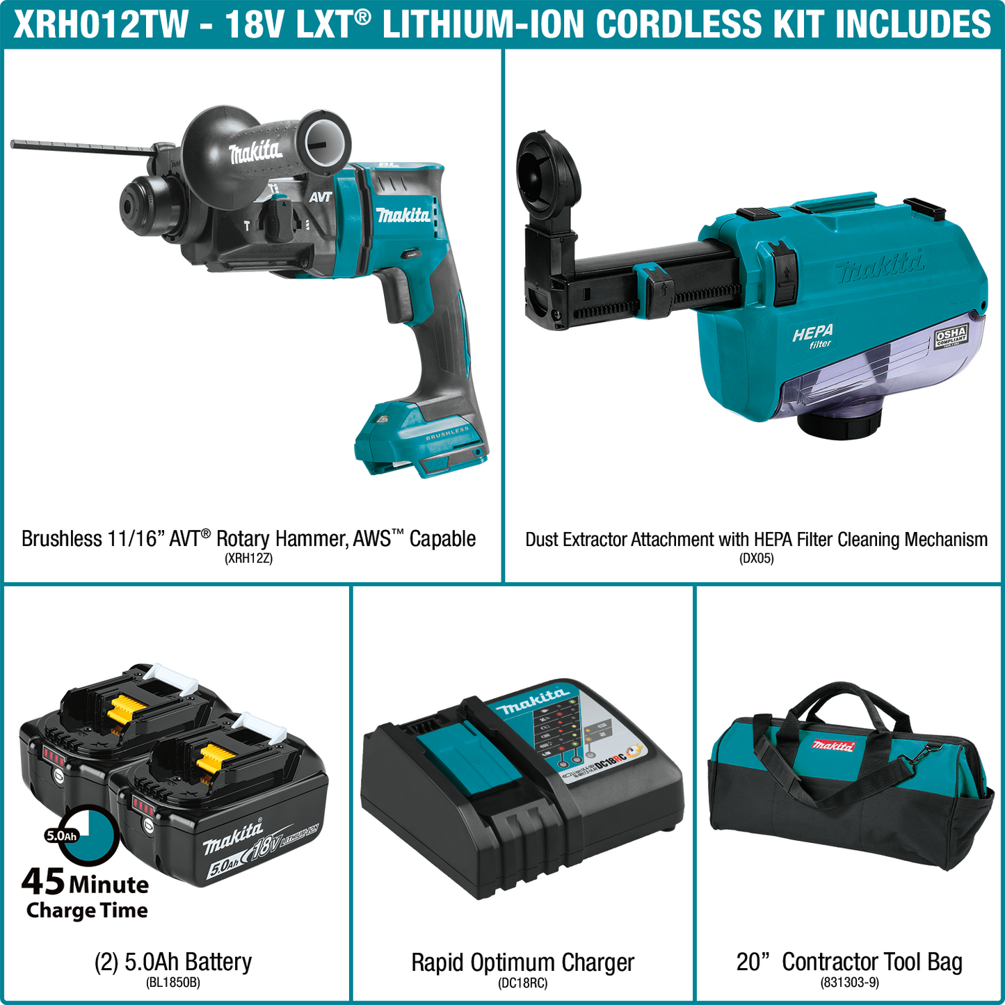 Makita XRH12TW 18V LXT® Lithium‘Ion Brushless Cordless 11/16" SDS‘PLUS AVT® Rotary Hammer Kit, w/ HEPA Dust Extractor, AWS® Capable (5.0Ah)