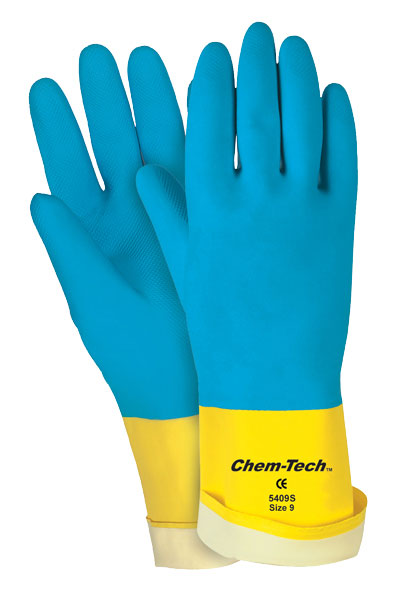 MCR Safety 5409S Chem-Tech™ Neoprene over Latex Gloves Yellow Flock Lined Latex Dipped in Blue Neoprene 28 mil Thickness 12 Inch Length (1 DZ)