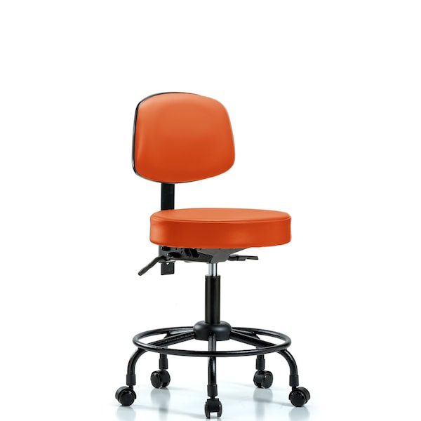 Blue Ridge Ergonomics VDHST-RT-T0-RC-8613 Rutledge Vinyl Stool with Back - Desk Height with Round Tube Base & Casters in Orange Kist Trailblazer™ Vinyl