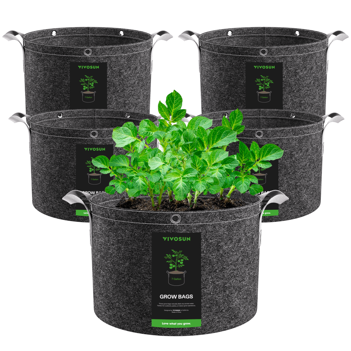 Vivosun 7 Gallon Grow Bags 5-Pack Black Thickened Nonwoven Fabric Pots with Handles, Multi-Purpose Rings