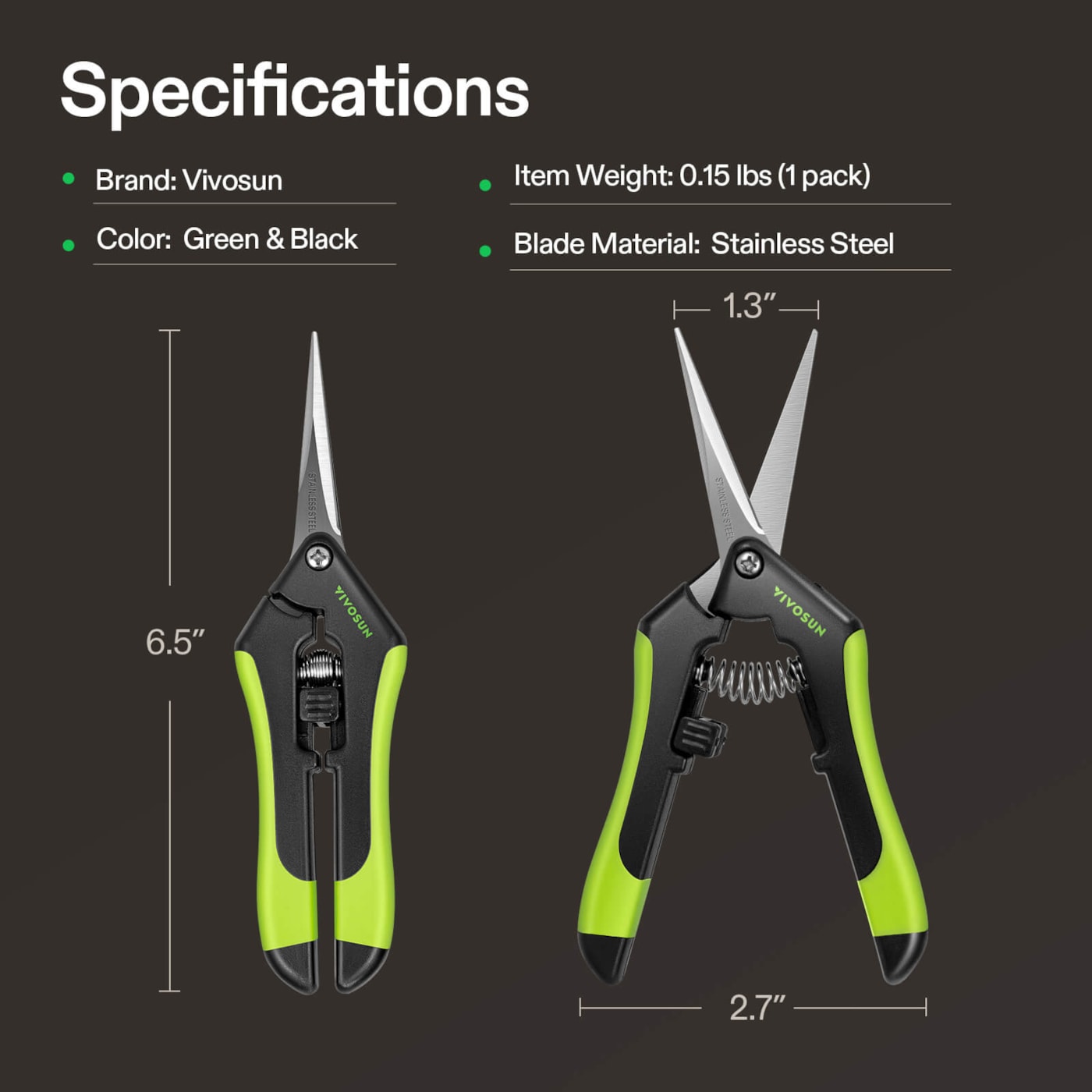 Vivosun Gardening Hand Pruner Pruning Shear with Straight Stainless Steel Blades, Black-and-Green