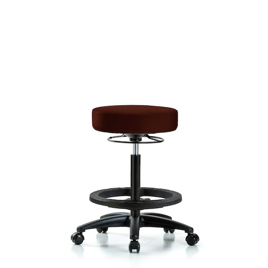 Blue Ridge Ergonomics VHBSO-RG-BF-RC-8569 Rutledge Vinyl Stool without Back - High Bench Height with Black Foot Ring & Casters in Burgundy Trailblazer™ Vinyl