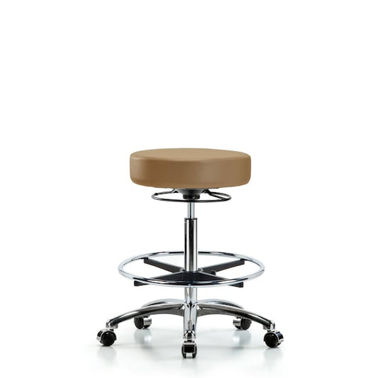 Blue Ridge Ergonomics VHBSO-CR-CF-CC-8584 Rutledge Vinyl Stool without Back Chrome - High Bench Height with Chrome Foot Ring & Casters in Taupe Trailblazer™ Vinyl