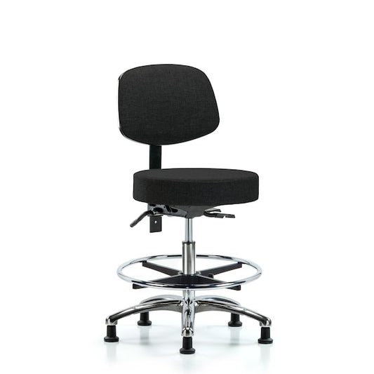 Blue Ridge Ergonomics FMBST-CR-T0-CF-RG-F42 Rutledge Fabric Stool with Back Chrome - Medium Bench Height with Chrome Foot Ring & Stationary Glides in Black Fabric