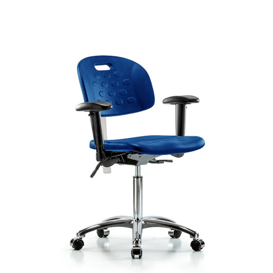 Blue Ridge Ergonomics CLR-HPMBCH-CR-T1-A1-NF-CC-BLU Class 100 Newport Industrial Polyurethane Clean Room Chair - Medium Bench Height with Seat Tilt, Adjustable Arms, & Casters in Blue Polyurethane