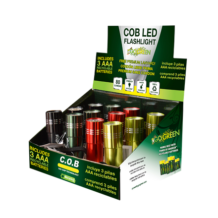 GoGreen Power GG-113-COBD12 12 pc. COB Led Flashlight Display, 4 colors, Red, Black, Lime, Dark Green, Batteries Included.