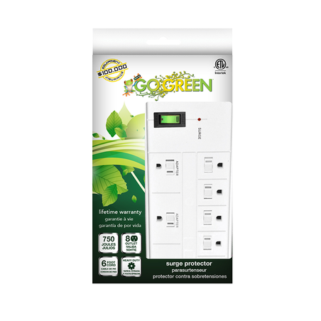 GoGreen Power GG-18316BK 8 Outlet Surge Protector-White- 6' Cord, EMI/RFI, 750 Joules