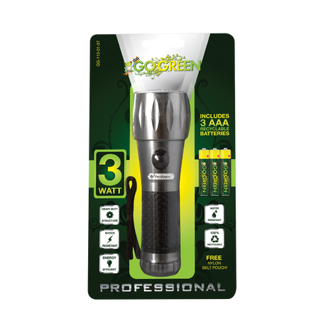 GoGreen Power GG-113-01-3T 3 Watt Tactical Flashlight, w/3 AAA Batteries, Belt Pouch, Clamshell, Silver
