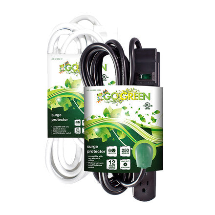 GoGreen Power GG-16103M-12 6 Outlet Plastic Surge Protector, w/250 Joules, 12' Heavy Duty Power Cord White