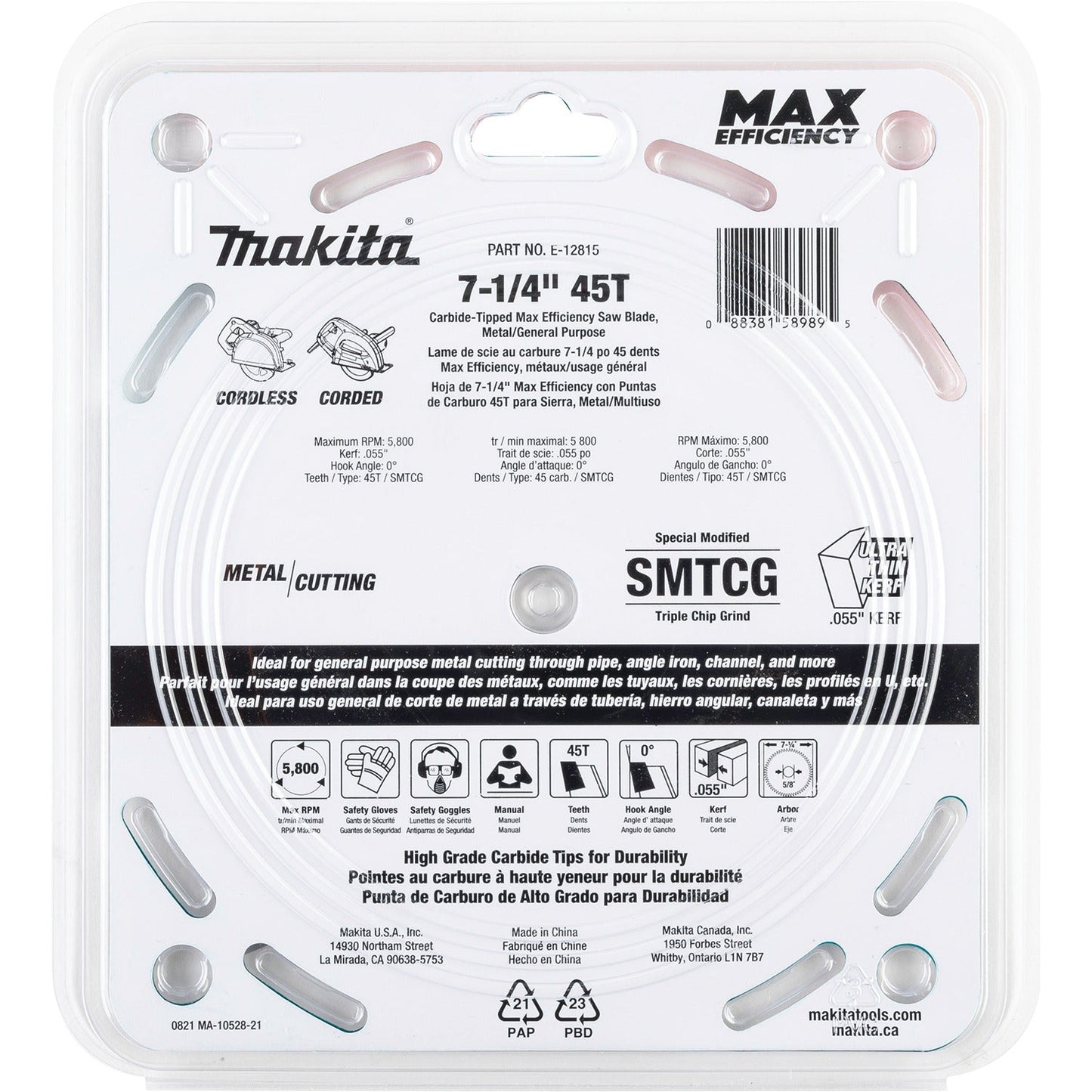 Makita E-12815 7‘1/4" 45T Carbide‘Tipped Max Efficiency Saw Blade, Metal/General Purpose