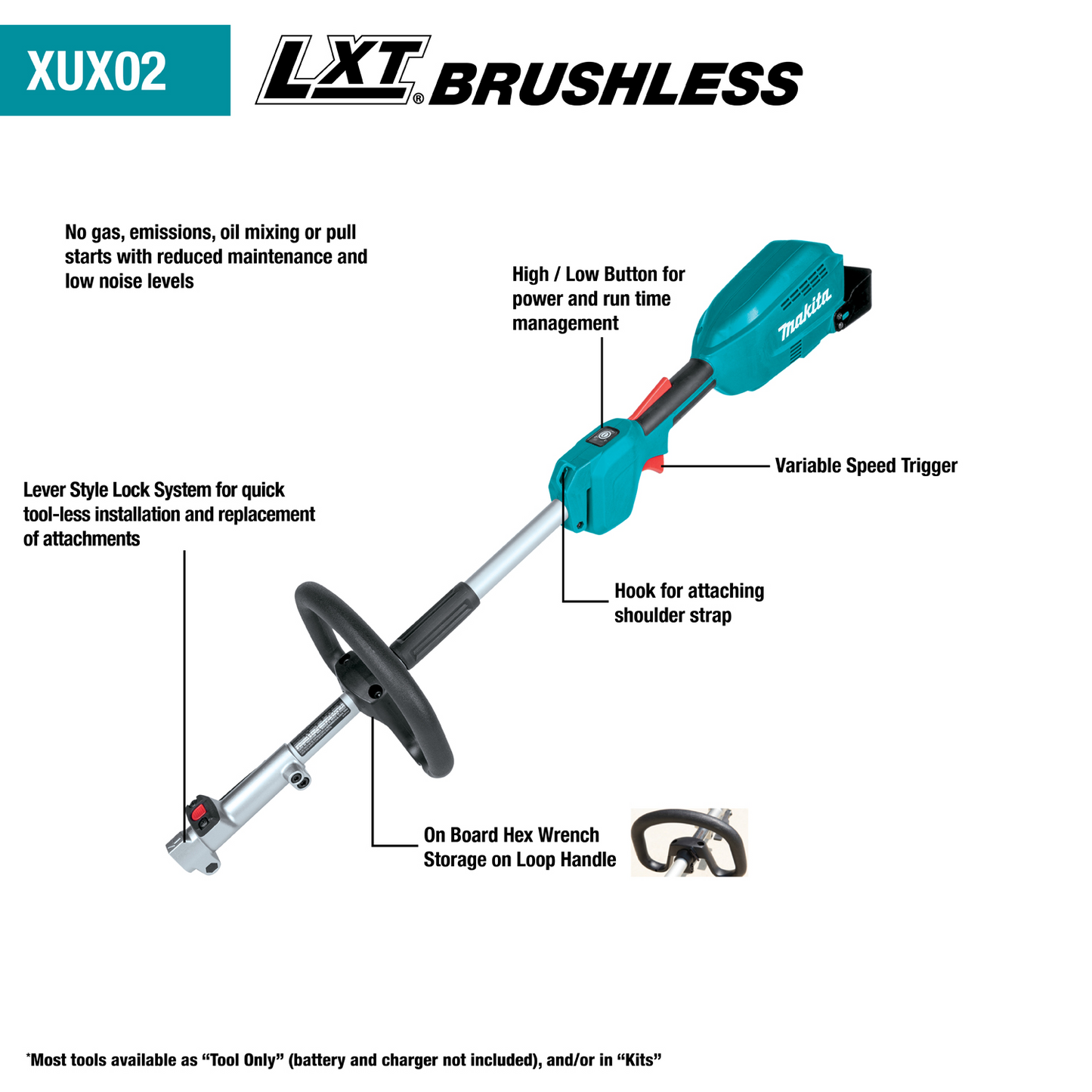 Makita XUX02ZX1 18V LXT® Lithium‘Ion Brushless Cordless Couple Shaft Power Head w/ 13" String Trimmer Attachment, Tool Only