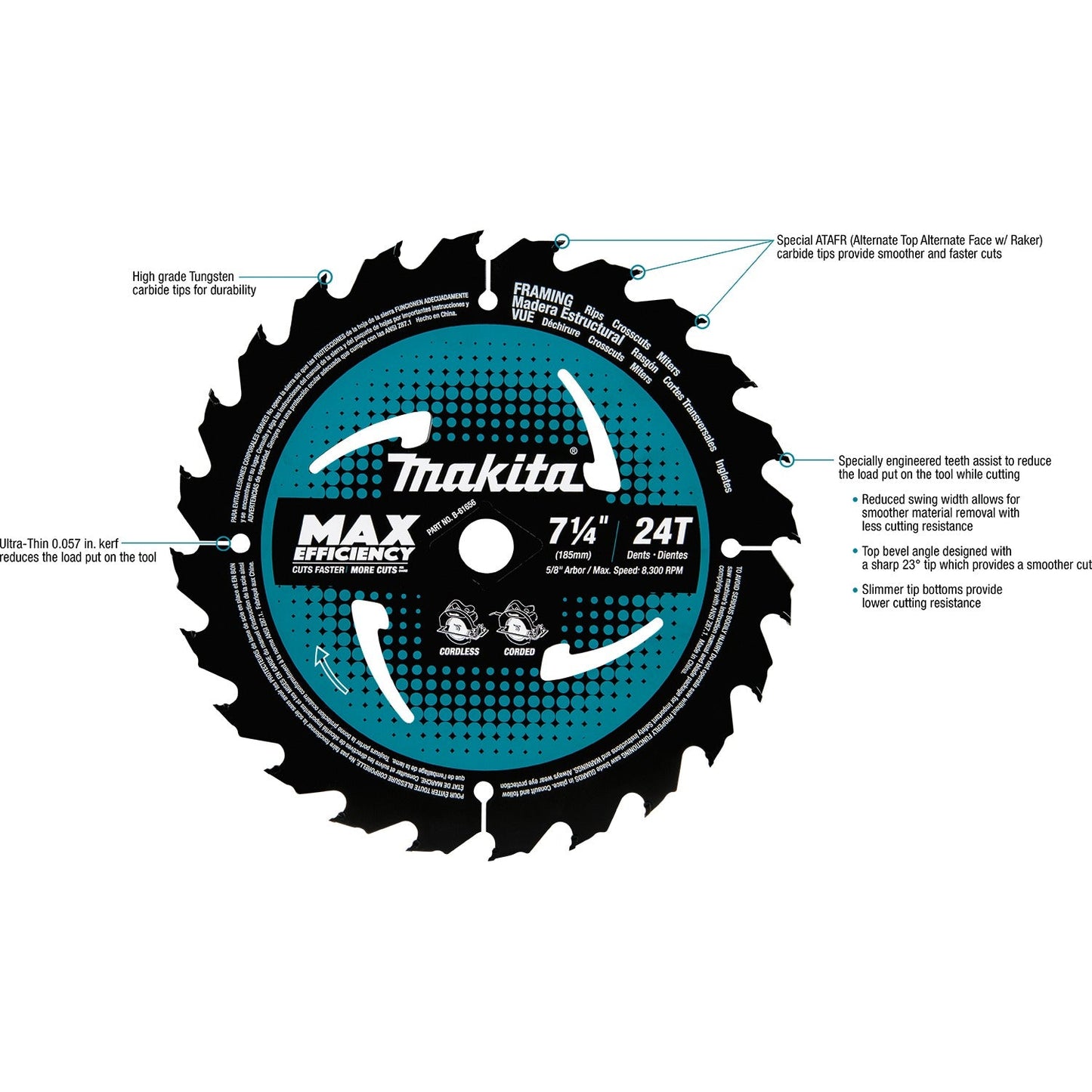 Makita B-61656-3 7‘1/4" 24T Carbide‘Tipped Max Efficiency Circular Saw Blade, Framing, 3/pk