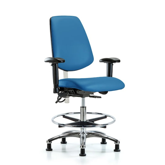 Blue Ridge Ergonomics NECR-VMBCH-MB-CR-T1-A1-CF-EG-ESDBLU CL100 Vinyl Clean Room/ESD Chair - Medium Bench Height with Medium Back, Seat Tilt, Adjustable Arms, Chrome Foot Ring, & ESD Stationary Glides in Blue ESD Vinyl