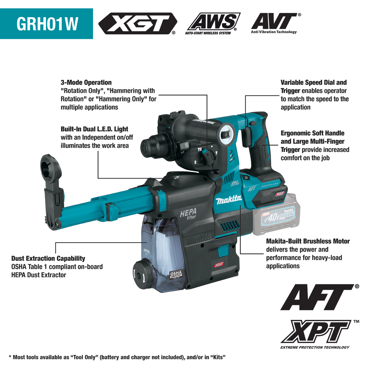 Makita GRH01ZW 40V max XGT® Brushless Cordless 1‘1/8" SDS‘PLUS AVT® Rotary Hammer w/ Dust Extractor, AFT®, AWS® Capable, Tool Only