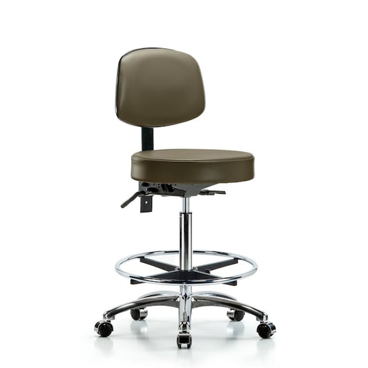 Blue Ridge Ergonomics VHBST-CR-T1-CF-CC-8809 Rutledge Vinyl Stool with Back Chrome - High Bench Height with Seat Tilt, Chrome Foot Ring, & Casters in Taupe Supernova™ Vinyl