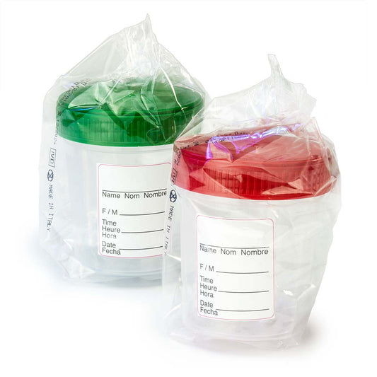 Globe Scientific 5901R Specimen Container 4oz with Full Turn Red Attached Screwcap ID Label PP Graduated Sterile Individually Wrapped