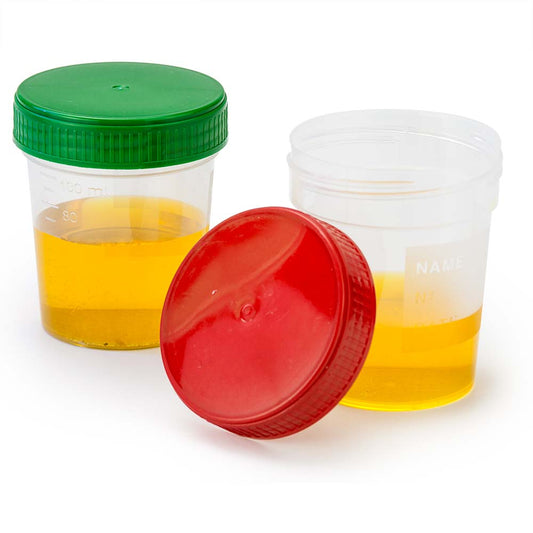 Globe Scientific 5905R Specimen Container 4oz with Full Turn Red Separate Screwcap Frosted Writing Area Non-Sterile PP Graduated