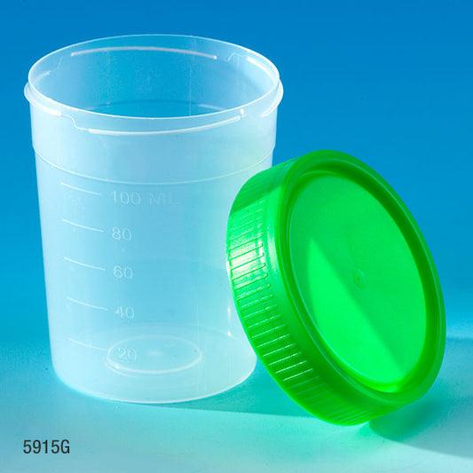 Globe Scientific 5915G Specimen Container 4oz with Separate 1/4-Turn Green Screwcap Non-Sterile PP Graduated Bulk