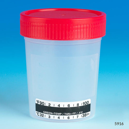 Globe Scientific 5916 Specimen Container 4oz with Attached Thermometer Strip Separate 1/4-Turn Red Screwcap Non-Sterile PP Graduated Bulk