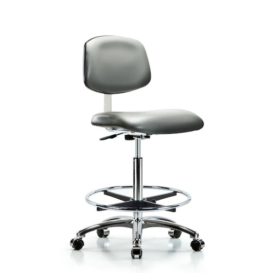 Blue Ridge Ergonomics CLR-VHBCH-CR-CF-CC-8840 Class 10 Clean Room Vinyl Chair Chrome - High Bench Height with Chrome Foot Ring & Casters in Sterling Supernova™ Vinyl
