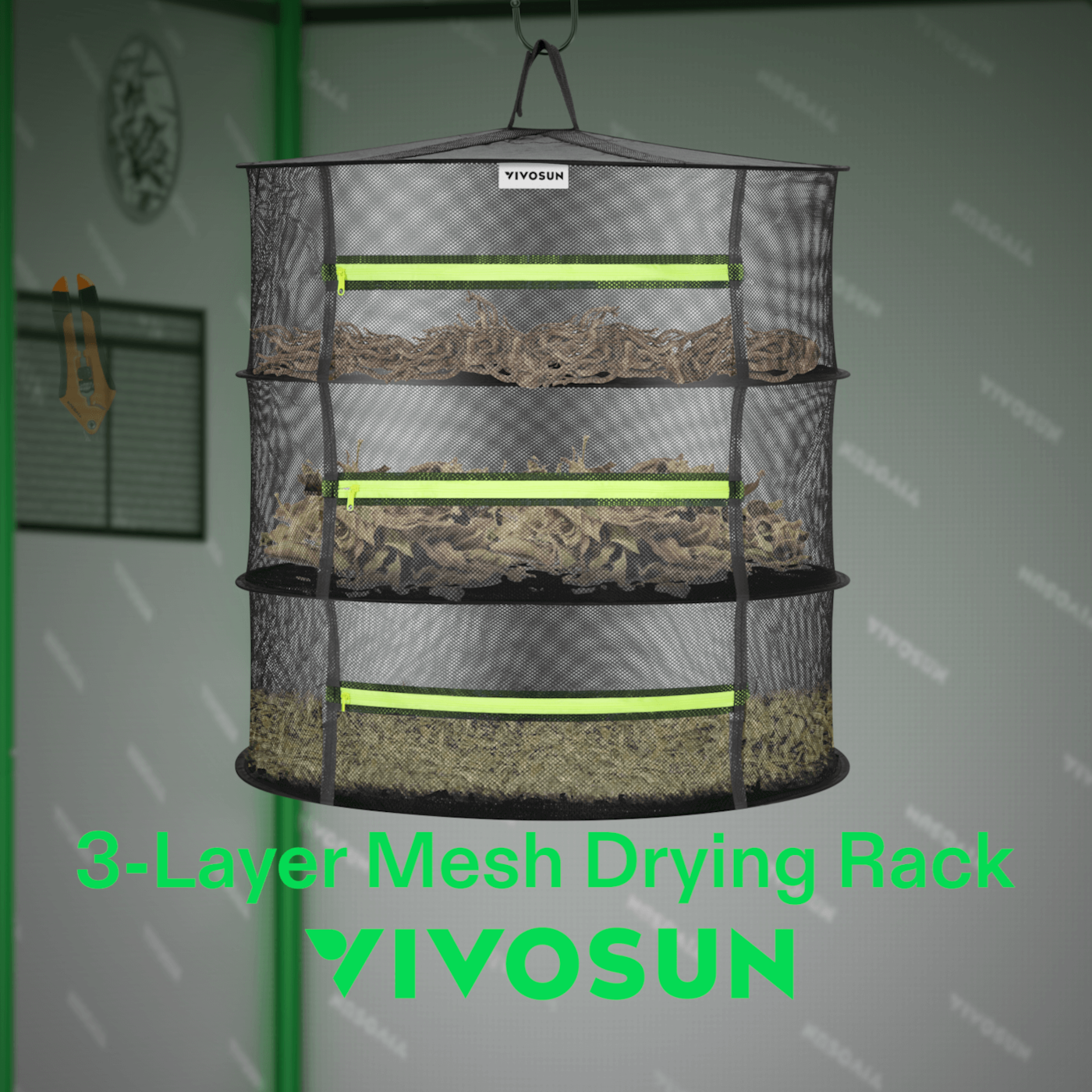 Vivosun 3-Layer Mesh Drying Rack Hanging Design with Green Zippers