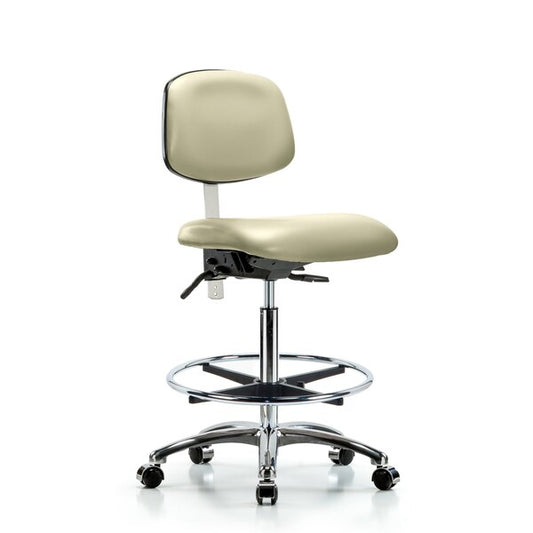 Blue Ridge Ergonomics NCR-VHBCH-CR-T1-A0-CF-CC-8501 Class 100 Vinyl Clean Room Chair - High Bench Height with Seat Tilt, Chrome Foot Ring, & Casters in Adobe White Trailblazer™ Vinyl
