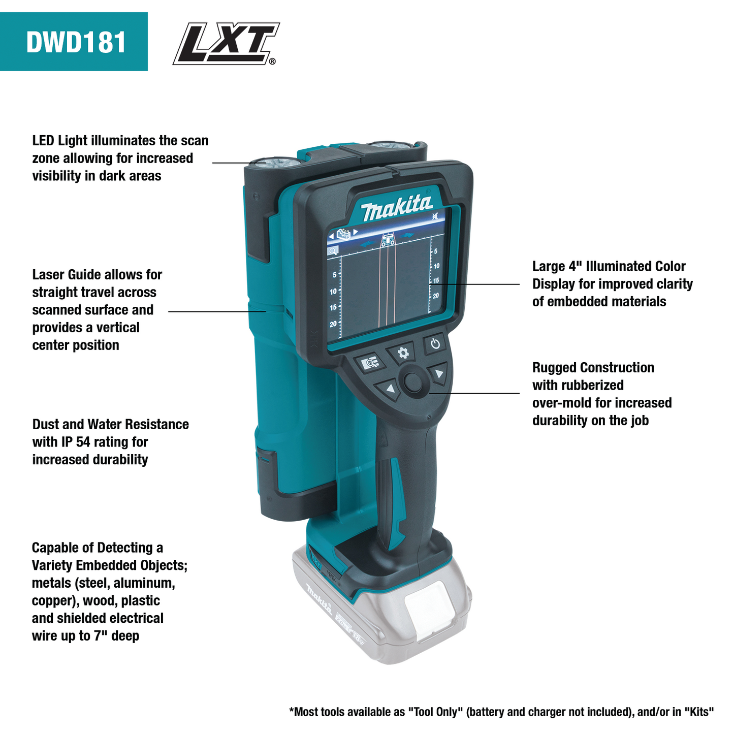 Makita DWD181ZJ 18V LXT® Lithium‘Ion Cordless Multi‘Surface Scanner, Tool Only with Interlocking Storage Case