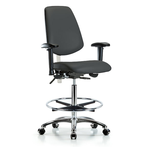 Blue Ridge Ergonomics NCR-VHBCH-MB-CR-T0-A1-CF-CC-8605 Class 100 Vinyl Clean Room Chair - High Bench Height with Medium Back, Adjustable Arms, Chrome Foot Ring, & Casters in Charcoal Trailblazer™ Vinyl
