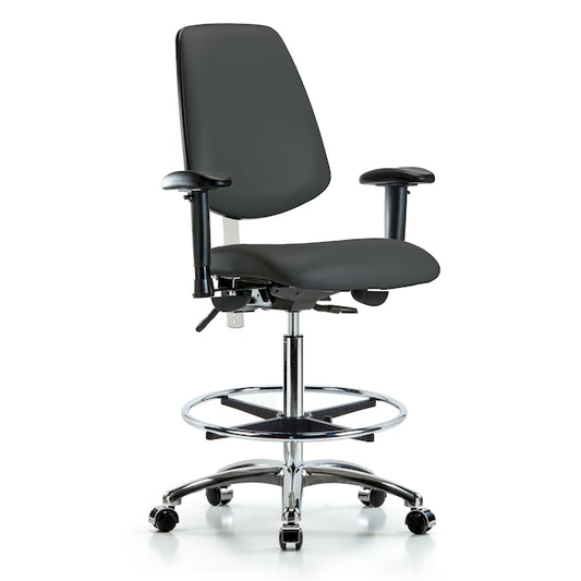 Blue Ridge Ergonomics NCR-VHBCH-MB-CR-T0-A1-CF-CC-8605 Class 100 Vinyl Clean Room Chair - High Bench Height with Medium Back, Adjustable Arms, Chrome Foot Ring, & Casters in Charcoal Trailblazer™ Vinyl