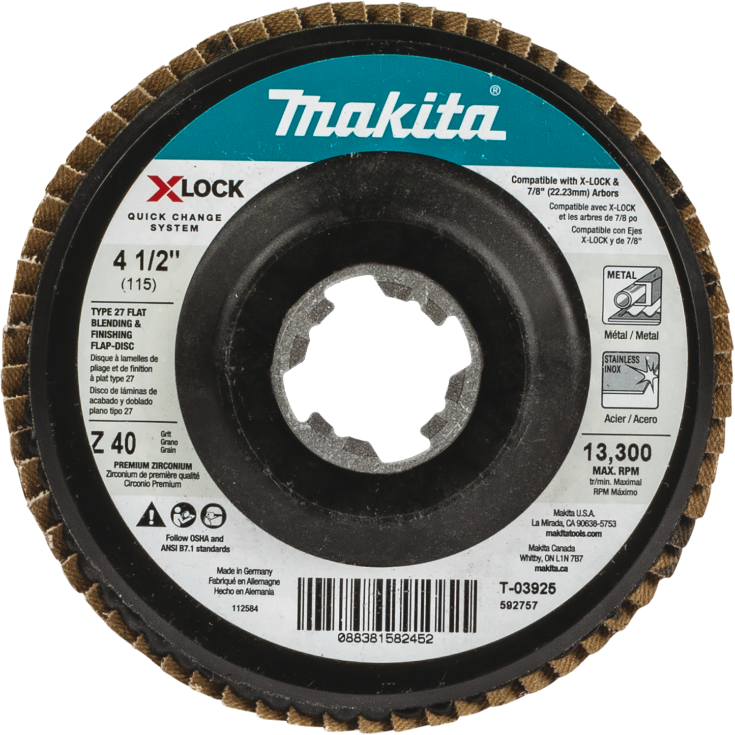 Makita T-03925 X‘LOCK 4‘1/2" 40 Grit Type 27 Flat Blending and Finishing Flap Disc for X‘LOCK and All 7/8" Arbor Grinders