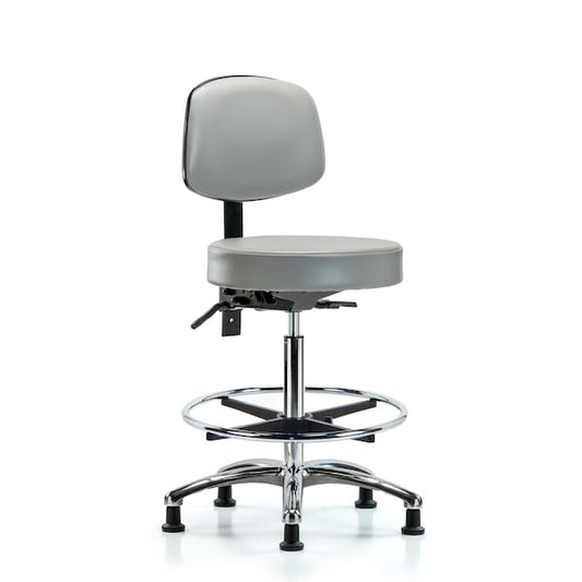 Blue Ridge Ergonomics VHBST-CR-T0-CF-RG-8567 Rutledge Vinyl Stool with Back Chrome - High Bench Height with Chrome Foot Ring & Stationary Glides in Dove Trailblazer™ Vinyl