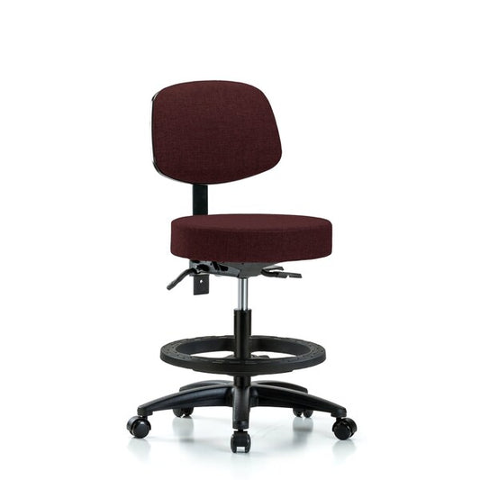 Blue Ridge Ergonomics FMBST-RG-T0-BF-RC-F41 Rutledge Fabric Stool with Back - Medium Bench Height with Black Foot Ring & Casters in Burgundy Fabric