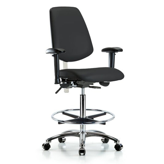 Blue Ridge Ergonomics NCR-VHBCH-MB-CR-T1-A1-CF-CC-8540 Class 100 Vinyl Clean Room Chair - High Bench Height with Medium Back, Seat Tilt, Adjustable Arms, Chrome Foot Ring, & Casters in Black Trailblazer™ Vinyl