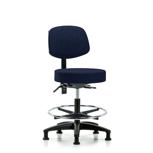 Blue Ridge Ergonomics FMBST-RG-T1-CF-RG-F45 Rutledge Fabric Stool with Back - Medium Bench Height with Seat Tilt, Chrome Foot Ring, & Stationary Glides in Navy Fabric