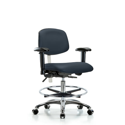 Blue Ridge Ergonomics NCR-VHBCH-CR-T1-A1-CF-CC-8582 Class 100 Vinyl Clean Room Chair - High Bench Height with Seat Tilt, Adjustable Arms, Chrome Foot Ring, & Casters in Imperial Blue Trailblazer™ Vinyl