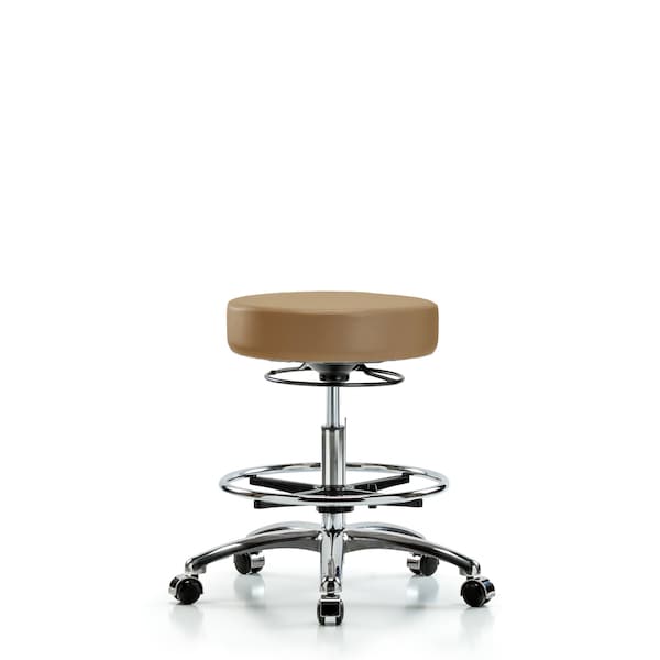 Blue Ridge Ergonomics VMBSO-CR-CF-CC-8584 Rutledge Vinyl Stool without Back Chrome - Medium Bench Height with Chrome Foot Ring & Casters in Taupe Trailblazer™ Vinyl