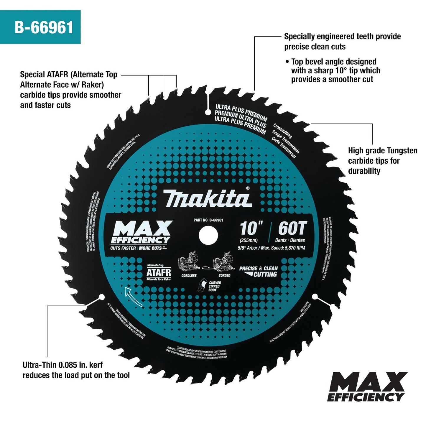 Makita B-66961 10" 60T Carbide‘Tipped Max Efficiency Miter Saw Blade