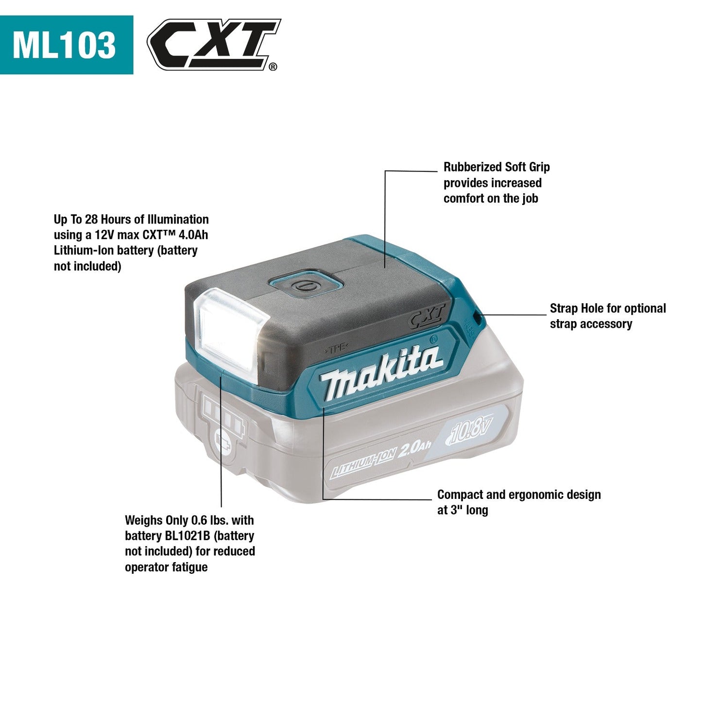 Makita ML103 12V max CXT® Lithium‘Ion Cordless L.E.D. Flashlight, Flashlight Only