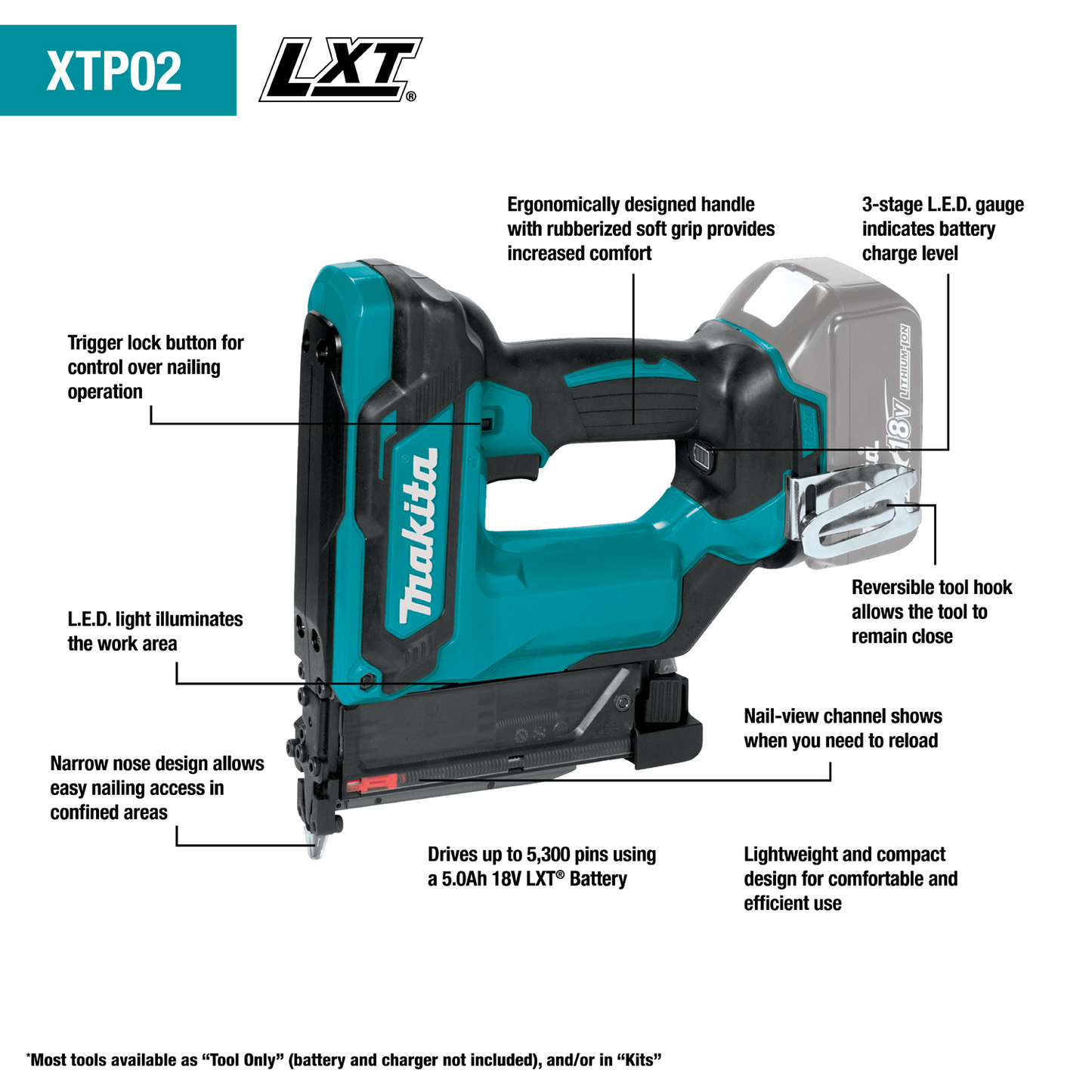 Makita XTP02Z 18V Lxt® Lithiumion Cordless 13/8" Pin Nailer, Tool Only