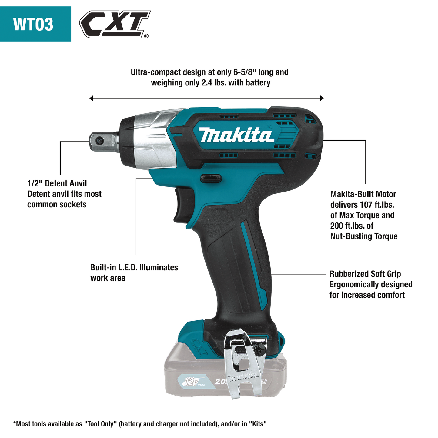 Makita WT03Z 12V max CXT® Lithium‘Ion Cordless 1/2" Sq. Drive Impact Wrench, Tool Only