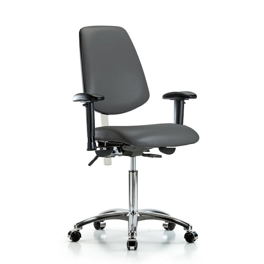 Blue Ridge Ergonomics NCR-VMBCH-MB-CR-T1-A1-NF-CC-8823 Class 100 Vinyl Clean Room Chair - Medium Bench Height with Medium Back, Seat Tilt, Adjustable Arms, & Casters in Carbon Supernova™ Vinyl