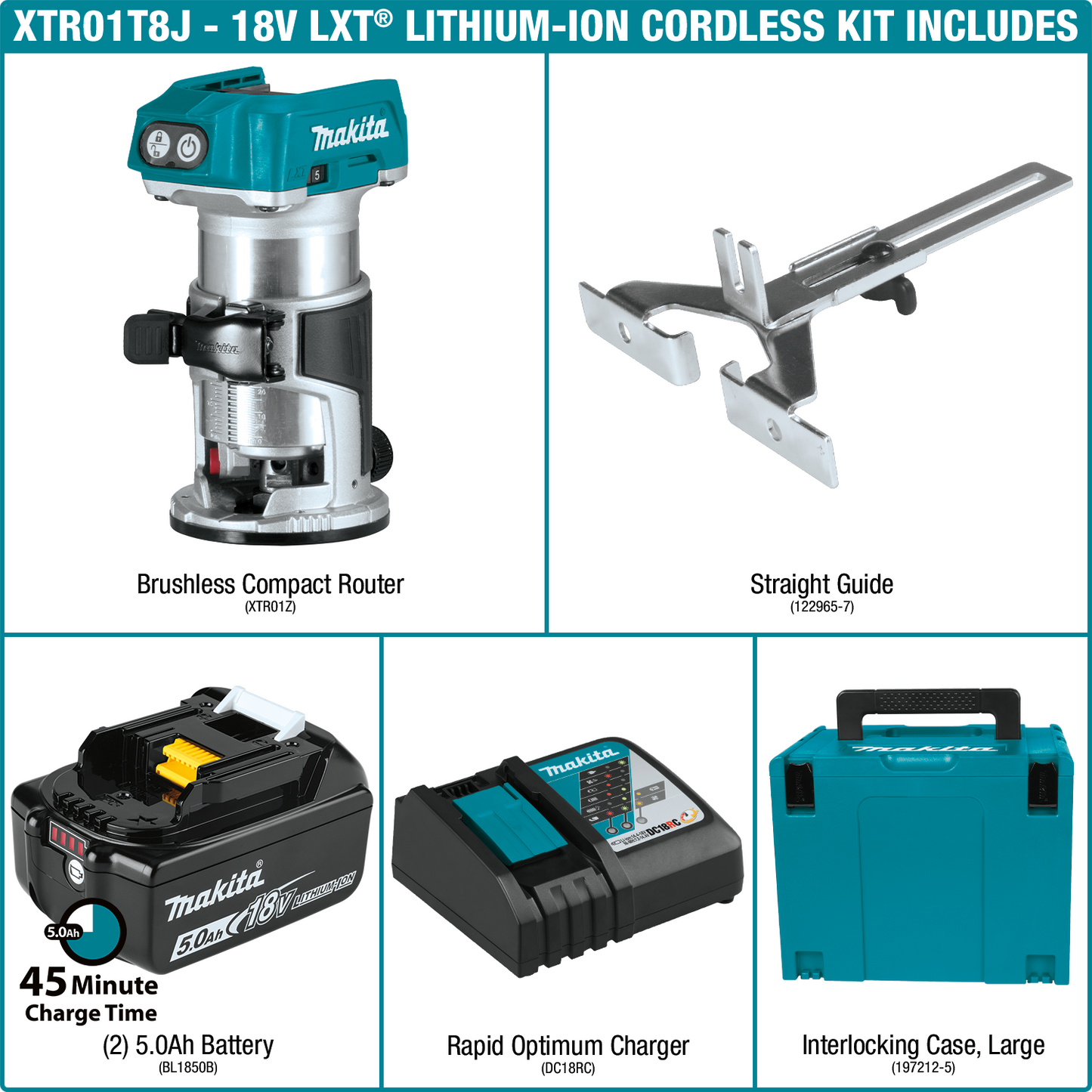 Makita XTR01T8J 18V LXT® Lithium‘Ion Brushless Cordless Compact Router Starter Kit (5.0Ah)