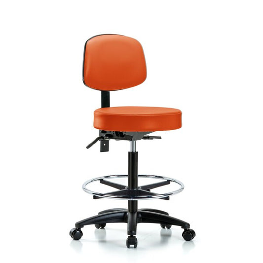 Blue Ridge Ergonomics VHBST-RG-T1-CF-RC-8613 Rutledge Vinyl Stool with Back - High Bench Height with Seat Tilt, Chrome Foot Ring, & Casters in Orange Kist Trailblazer™ Vinyl