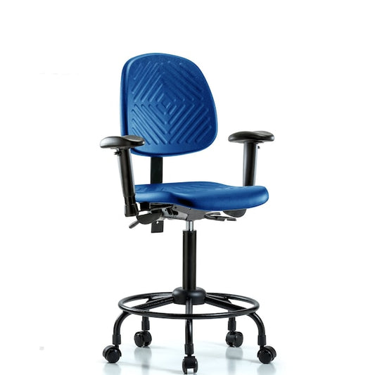 Blue Ridge Ergonomics PMBCH-MB-RT-T1-A1-RC-BLU Polyurethane Chair with Round Tube Base - Medium Bench Height with Medium Back, Seat Tilt, Adjustable Arms, & Casters in Blue Polyurethane